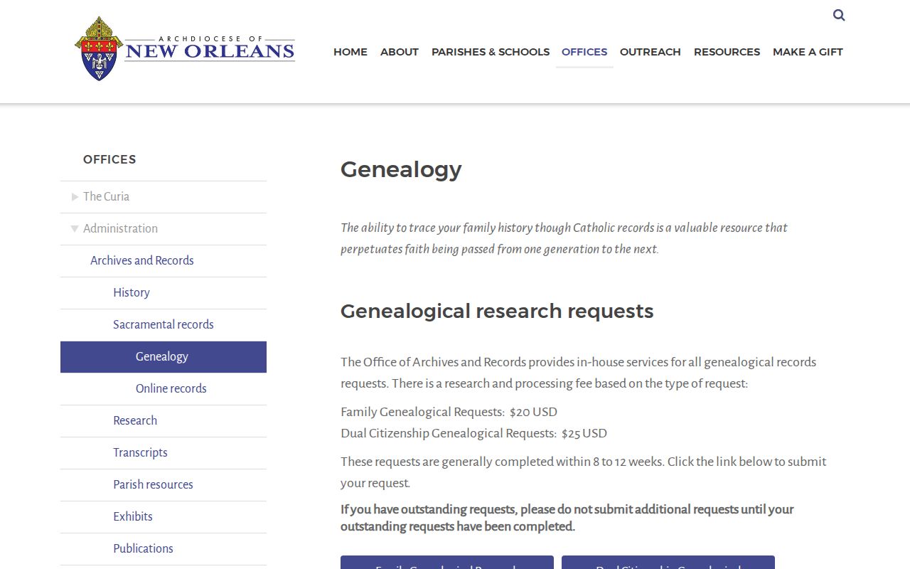New Orleans previous residents Archdiocese genealogy records