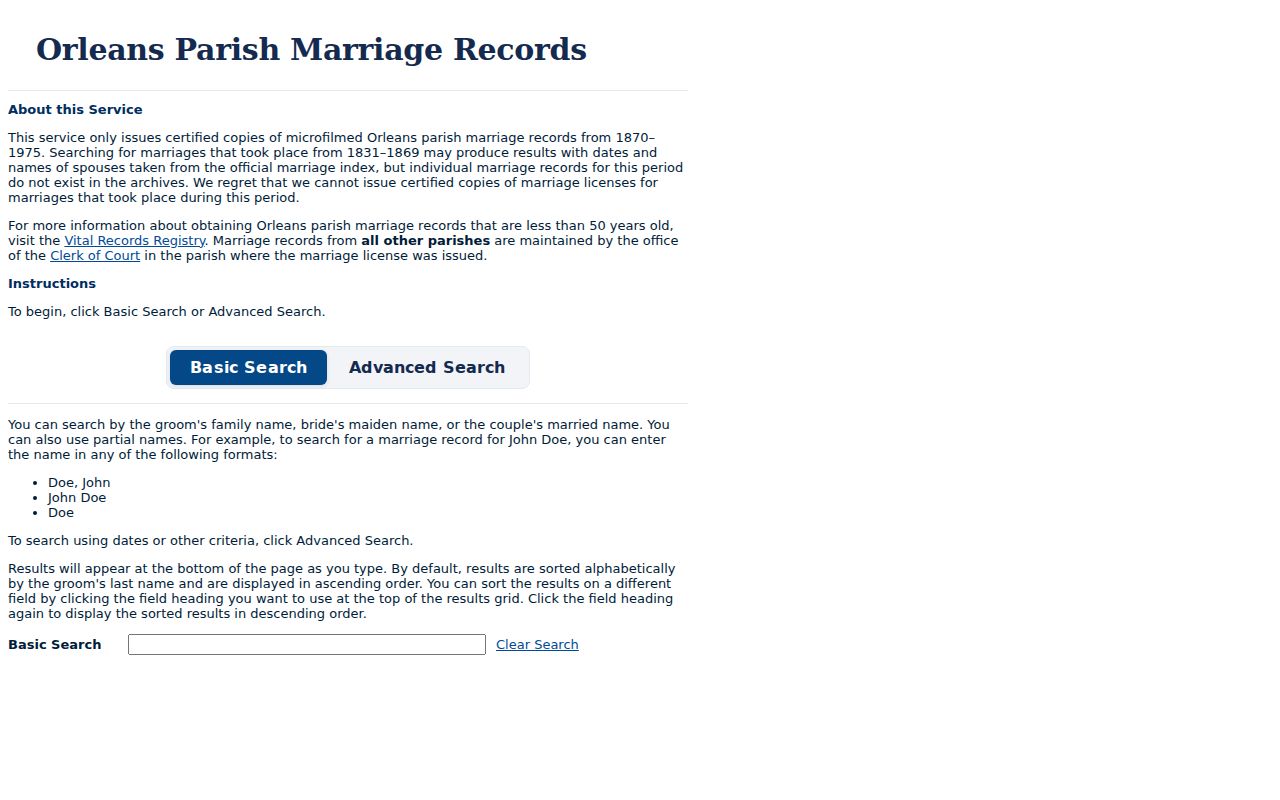 New Orleans previous residents historical marriage index